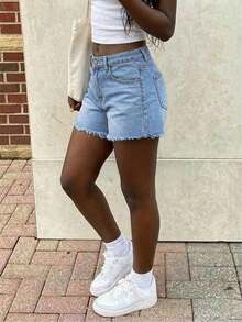 Plus Size Women's Casual Loose Straight Leg Denim Bermuda Shorts Summer - 中等水洗藍 - 查看 5