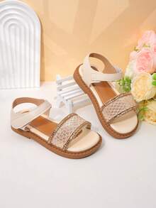 1 Pair Girls' Beige Rhinestone Mesh Sandals For Luxe Elegant Summer Wear - Apricot - View 1