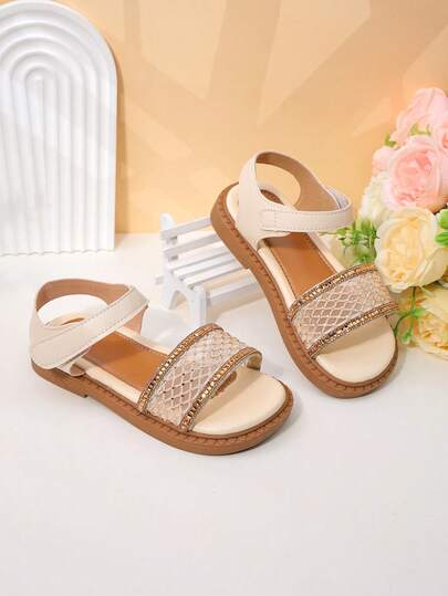 1 Pair Girls' Beige Rhinestone Mesh Sandals For Luxe Elegant Summer Wear