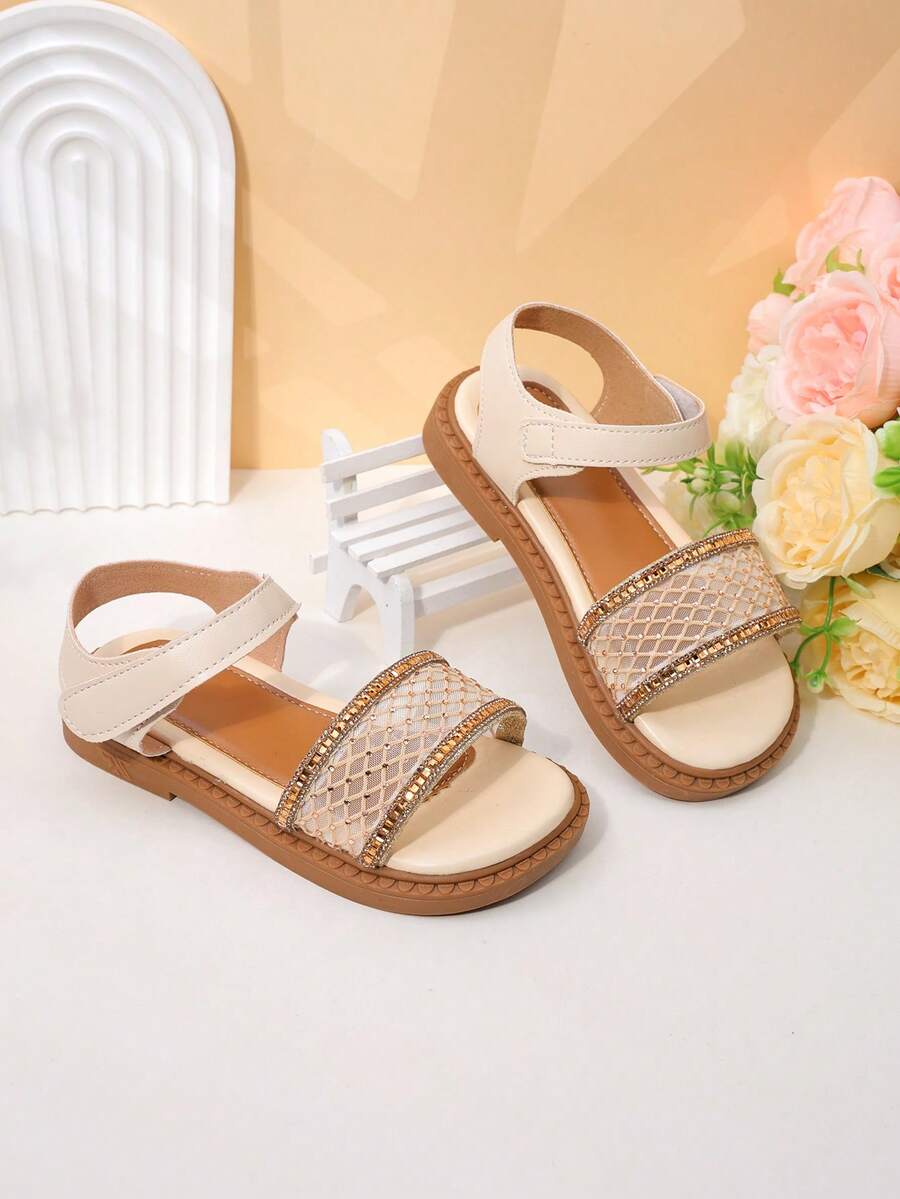 1 Pair Girls' Beige Rhinestone Mesh Sandals For Luxe Elegant Summer Wear - Apricot - View 1