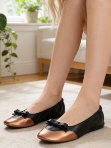 新款拼接撞色女士芭蕾平底鞋，轻盈如赤足感，时尚休闲柔软舒适，百搭经典芭蕾舞鞋，可折叠套脚设计 - 銅色 - 查看 6