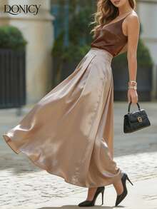 DONICY 女士米色长款百褶高腰半身裙，优雅飘逸 - 杏色 - 查看 7