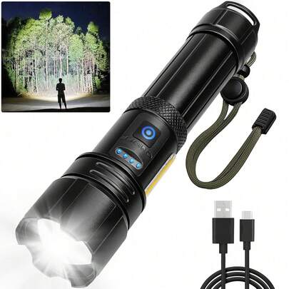 TazTir P90 Powerful LED Flashlight, Zoomable Rechargeable TorcP90 LED Rechargeable Flashlight, High Lumen Tactical Torch With 7 Adjustable Modes, Zoomable Super Bright Handheld Light With USB Output & COB Sidelight, Ideal For Camping, Hiking, Night Running, Fishing, Emergency Repairs, Home Use, And Outdoor Adventuresh With 7 Modes, Waterproof Outdoor Light For Hiking & Emergency