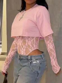 Women's Sexy Sheer Lace Short Sleeve Crop Top, Solid Color Lace Patchwork See-Through Sexy Bodysuit For Daily Wear, Dating, Single Party, Stage Performance, Spring/Summer Pink - Pink - View 6