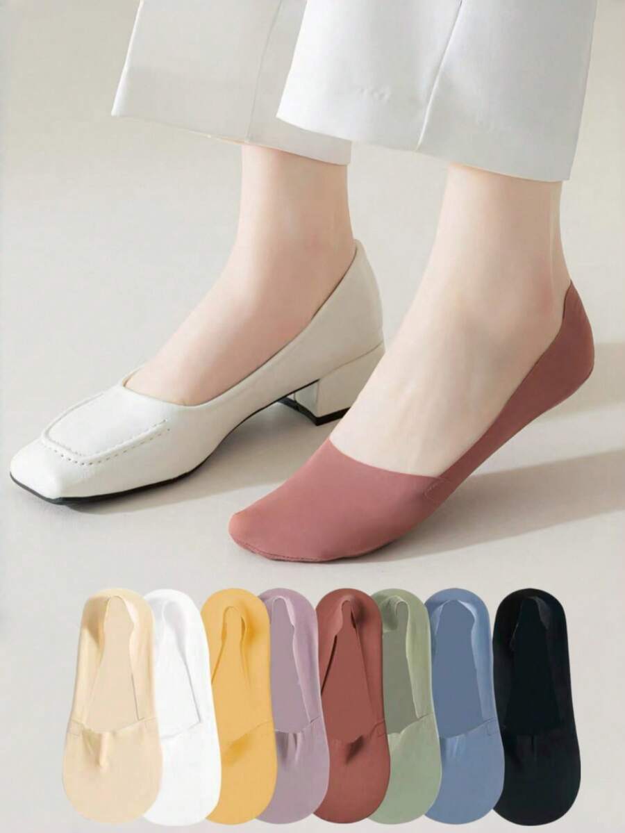 1 Pair/5 Pairs Women's Thin Ice Silk Non-Slip Breathable Solid Color Daily Versatile High Heel Invisible Socks Loafer Socks, Spring/Summer - Multicolor - View 1