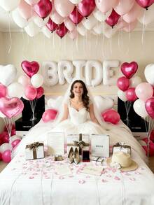 Conjunto de Balões para Decoração de Noiva 18/52/57 Peças - Faixa BRIDE Branca de 40 Polegadas + Balões de Látex Rosa Choque, Rosa Macaron e Branco Fosco + Pétalas de Tecido Não Tecido Reforçado + Balões de Folha em Formato de Coração Perfeitos para Decoração de Quarto de Despedida de Solteira, Chá de Panela, Casamento, Cabine de Fotos de Casamento, Suprimentos para Noiva - Multicolorido - Visão 4