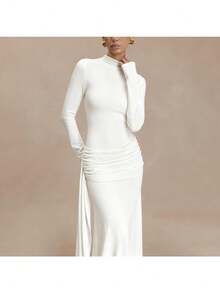 Spring And Summer New High-End Women's Clothing Celebrity Style Solid Color Turtleneck Long-Sleeved Streamer Pleated Hip-Wrapped Temperament Dress Skirt - 白色 - 查看 2