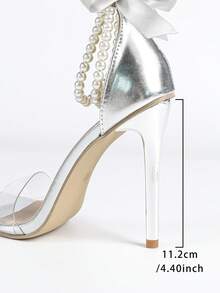 女士时尚高跟鞋，果冻凝胶，绑带，露后跟，仿珍珠链，丝带，夜店风，派对，露趾，经典方头凉鞋，夏季，户外，常规款，女士银色凉鞋，高跟凉鞋，银色电镀鞋跟，细跟，简约，性感，蝴蝶结 - 銀色 - 查看 7