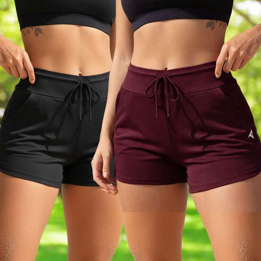 Acqua Bronze Set Of 2 Women's Adjustable Drawstring Shorts With Pockets, Versatile, Sporty, Double Waistband, Simple, Casual - 黑色/瑪薩拉紅 - 查看 1