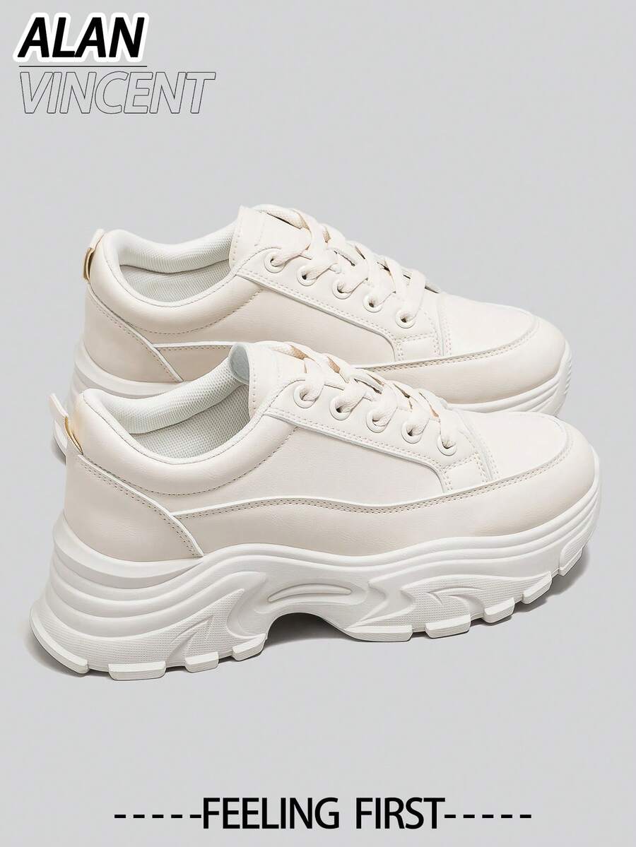 Alan Vincent[Thick Sole Heightening Series]New Women's Sneakers, Beige Color, Women's Thick Sole Shoes, 5cm Height Increase, Lightweight And Comfortable, New Casual Shoes, Can Be Freely Matched With Pants, Suitable For Parties, Beautiful And Cute, Elegant And Graceful - Beige - View 1