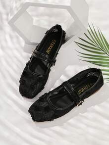 新款系带扣网眼蕾丝饰边黑色平底玛丽珍鞋，透气圆头女鞋 - 黑色 - 查看 6