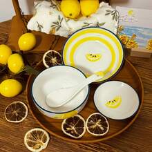 4pcs Cute Lemon Pattern Ceramic Dinnerware Set, Including Salad Bowl, Fruit Bowl, Dipping Dish, Appetizer Plate, Soup Bowl, And Small Spoon, Suitable For Restaurant, Party, Hotel, And Home Kitchen - Yellow - View 1