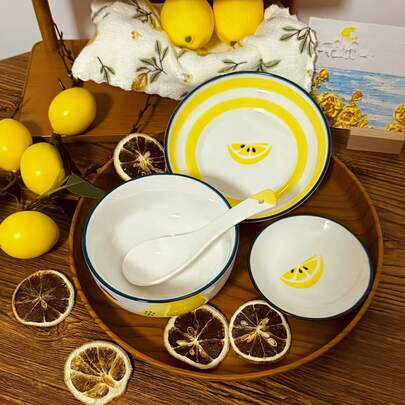 4pcs Cute Lemon Pattern Ceramic Dinnerware Set, Including Salad Bowl, Fruit Bowl, Dipping Dish, Appetizer Plate, Soup Bowl, And Small Spoon, Suitable For Restaurant, Party, Hotel, And Home Kitchen