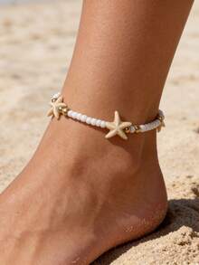 Minimalist Bohemian Style Beaded Shell & Starfish Anklet, Summer Beach Ocean Themed White Bead Ankle Jewelry, Suitable For Daily Wear - White - View 11