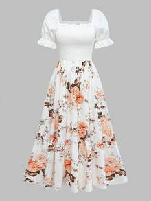 Đầm nữ mùa hè in hoa tươi sáng, phối eo, kiểu dáng thanh lịch, thích hợp cho các buổi hẹn hò và dịp đặc biệt. - Nhiều màu - Xem 5