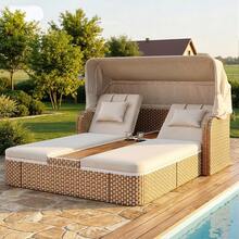 Outdoor Wicker Double Chaise Lounge With Adjustable Canopy 5-Position Reclining Backrests Built-In Cup Holders For Patio And Poolside - Beige - View 8