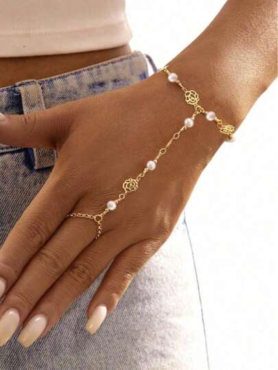 1pc Versatile Minimalist Pearl Flower Elegant Full Finger Bracelet For Women, Suitable For Any Occasion - Beach, Party, Daily Commute, All Seasons
