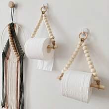 1件/2件装木珠棍式卫生纸架，珠串式卫生纸卷架，浴室纸巾架，无需钻孔 - 杏色 - 查看 4