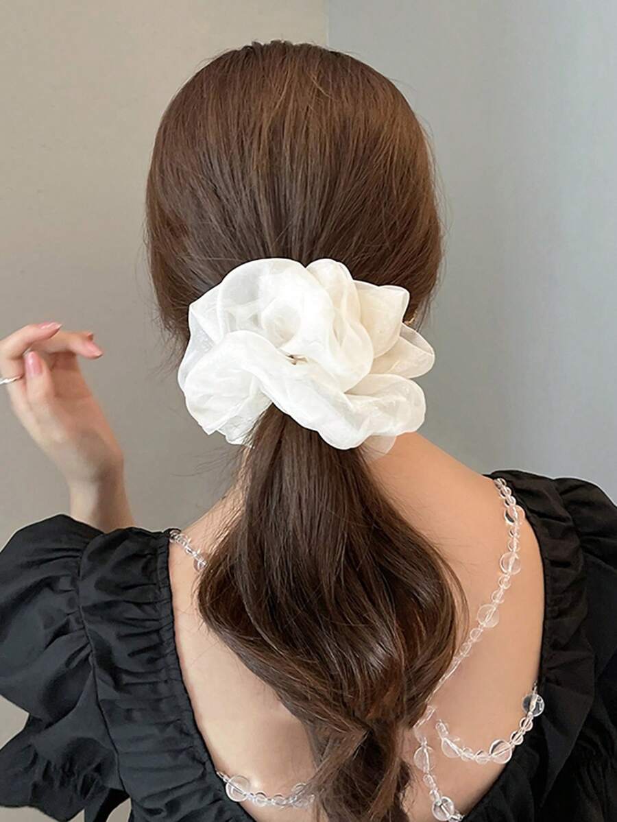 1pc Large Mesh Hair Scrunchie - Beige - View 1