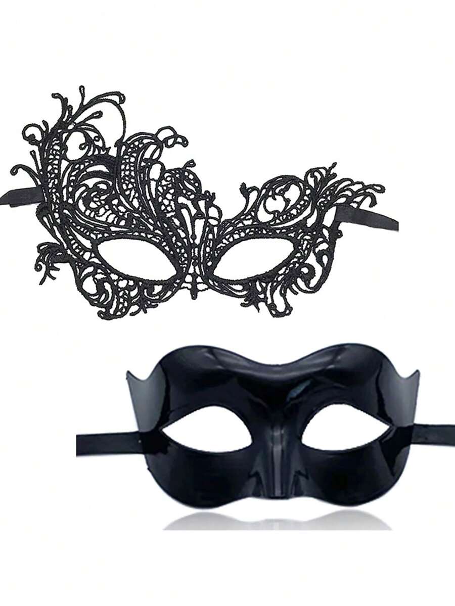 2pcs Lace Mask, Sexy Lace Eye Mask Model, Venetian Metal Phoenix Half Face Mask, Fancy Dress Costume For Halloween, Carnival, Masquerade Party, Black Style - Multicolor - View 1