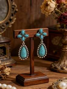 波西米亚风镶嵌花朵绿松石水滴合金耳环 - 銀色 - 查看 7