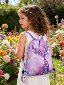 1/3/6pcs Kids Backpack, Outdoor Sports Drawstring Backpack, Mermaid Pattern, Cartoon Storage Bag, Suitable For Mermaid Theme Birthday Party Gift, Suitable For Outdoor Activities, Travel Storage, Football Print Drawstring Bag, Storage Backpack, Travel Backpack, Gift Bag, School Backpack, Toddler Backpack, Mini Backpack, Small Backpack, School Bag, Student Backpack, Bag, Backpack, School Luggage, Children Boys Girls Party Gift, Spring Decor - Mermaid - View 3
