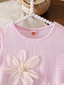 Young Girl' Fashion Casual Pleated Sleeve Pearl Flower Dress - Baby Pink - View 4