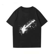 Hot Rock Fender Electric Guitar Short-Sleeved Printed T-Shirt, Guitarist Performing Rock Music, Men's Round-Neck Cotton T-Shirt - 黑色 - 查看 1
