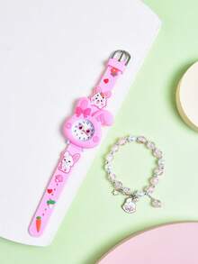 2pcs/Set Cartoon Rabbit Soft Silicone Strap Kids Pointer Watch, Cute Small Quartz Wristwatch, Beaded Bracelet With Rabbit Pendant For Little Girls - Pink - View 7