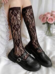 1/2 Pairs Women's Thigh High Socks - White Lace Hollow Rose, Lightweight Breathable Japanese Style Pure And Sweet, Spring/Summer - Multicolor - View 2