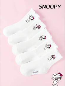 5 Pairs Authentic SNOOPY Socks With Embroidered Floral Lace Design, Cute Overall Style Suitable For Sweet Fashion, Adorable Cartoon SNOOPY Pattern, Fashionable Casual Breathable Student Socks For Daily Wear, Back To School, Holiday Gifts - White - View 3