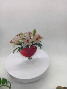 2D亚克力旋转桌面展示架 - 红色心形花瓶，配白色百合和红色郁金香，亮黑色底座，无需电源，优雅设计，适用于情人节、周年纪念日、婚礼、家居和办公装饰，表面抛光，完美礼物，2D平面 - 彩色 - 查看 12