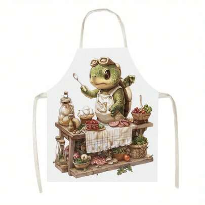1件卡通乌龟烹饪图案厨房围裙，适用于厨房、客厅、餐厅、酒店、户外烧烤等多种场合，100%涤纶材质，可机洗，大号围裙