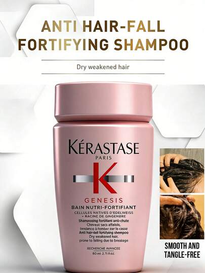 Kérastase 80 ml GENESIS stärkande schampo mot håravfall, berikat med ingefärs- och edelweissextrakt, ger näring åt hårbotten, stärker hårrötterna, minskar brott, kontrollerar olja, tar bort mjäll, ökar hårvolym och glans, lämplig för torrt och sprött hår för daglig användning.