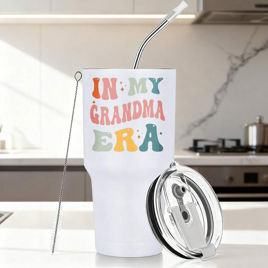 30oz Stainless Steel Tumbler Black White Options, In My Grandma Era Graphic Cups, Insulated Travel Coffee Mug With Lid And Straw , Double Wall Vacuum Reusable Travel Cups, Funny Birthday Party Gift For Men - 白色 - 查看 1