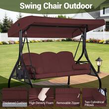 BOSMILLER 3-Seat Outdoor Porch Swing With Adjustable Canopy, 2 In 1 Convertible Patio Swing Bed, Patio Glider Swing For Backyard, Red - Red - View 8