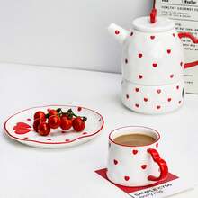 Cute Ceramic Tea Cup, Coffee Pot Set, Heart-Shaped Ceramic Cup & Saucer Combination, Exquisite Minimalist Coffee Cup Set, Creative Afternoon Tea Set, Household Water Cup & Kettle Combination, Suitable For Coffee, Tea Leaves - Multicolor - View 1