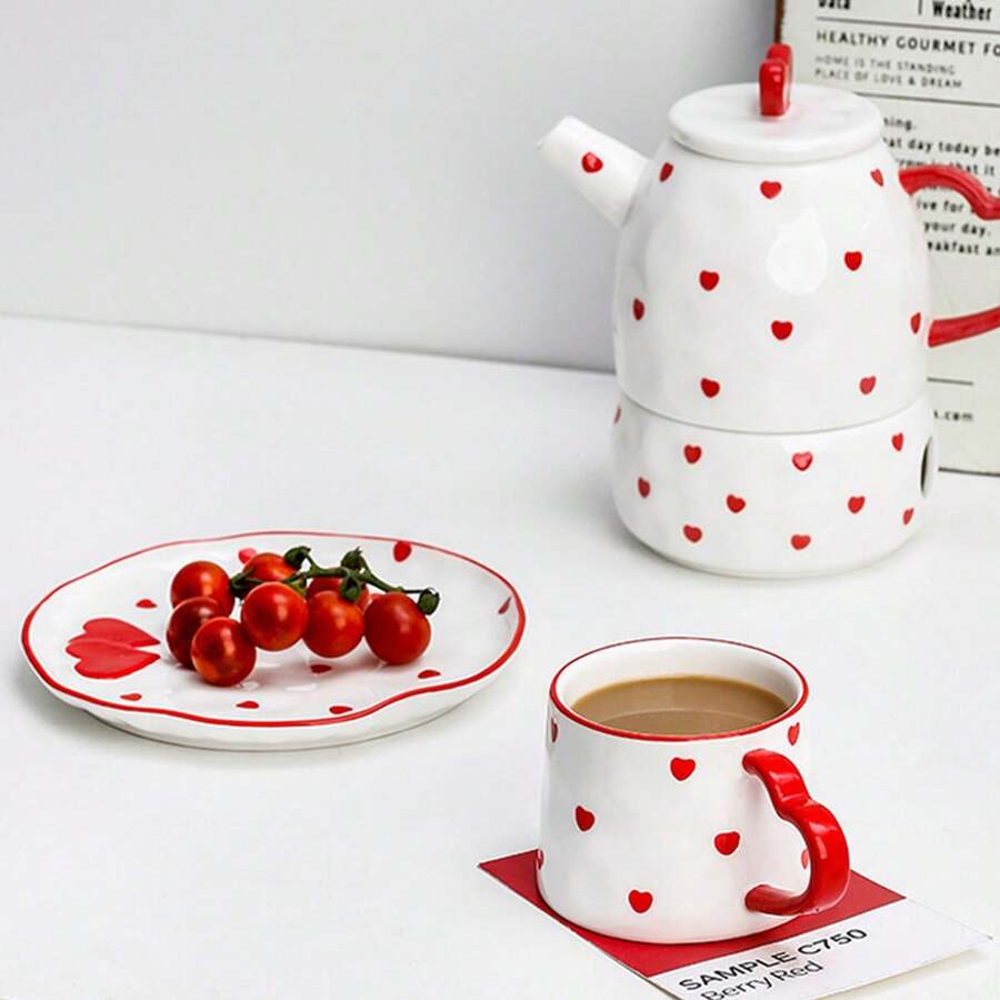 Cute Ceramic Tea Cup, Coffee Pot Set, Heart-Shaped Ceramic Cup & Saucer Combination, Exquisite Minimalist Coffee Cup Set, Creative Afternoon Tea Set, Household Water Cup & Kettle Combination, Suitable For Coffee, Tea Leaves - Multicolor - View 1