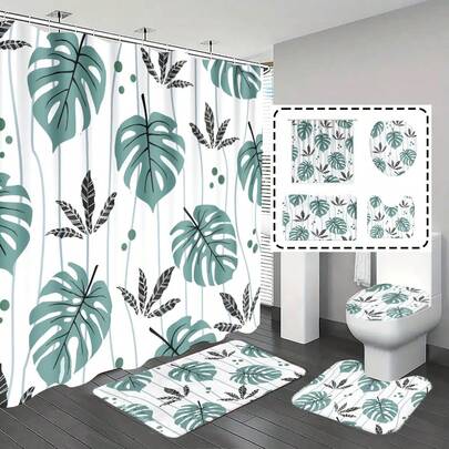 1件/4件套浴室浴帘套装，浴帘，浴室装饰，浴垫，热带植物和线条图案，浴室配件，含12个挂钩