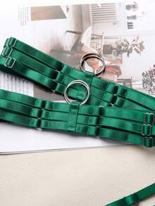 Conjunto de lencería de 3 piezas para mujer, con lencería retro sexy de encaje verde oscuro, decorado con remaches, que incluye liguero y tanga - Verde Oscuro - Ver 11