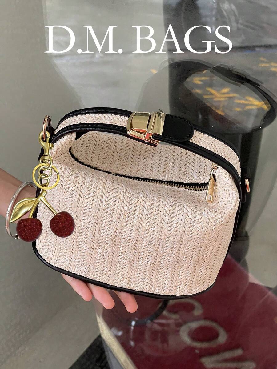 1pc New Fashion Large Capacity Casual Versatile Straw Bag With Cherry Charm, High-Quality Contrast Color Tote Bag, Perfect For Beach, Outing, Party, Vacation, Adjustable Shoulder Strap, Crossbody Bag - Black - View 1