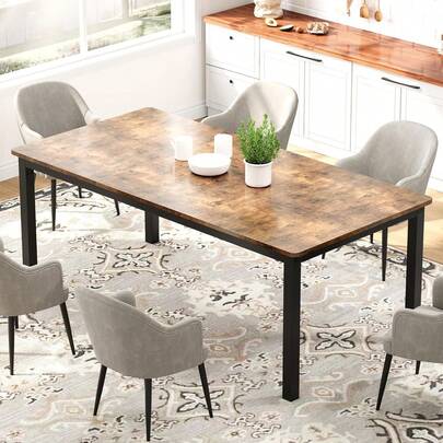 Mesa de comedor industrial de 71 pulgadas para mesa de cocina rectángulo de 4-6 personas con patas de metal, esquinas redondas, escritorio, para granja moderna, para cocina, comedor, montaje rápido