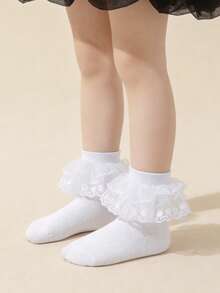 3 Pairs Children/Teens White Thin Lace Princess Dance Socks With Double Ruffle Trim - White - View 6