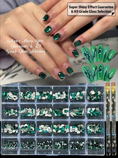  KIRAME 24-Grid DIY Nail Art K9 Glass Green Flat-Back Rhinestones Kit - 20PCS Each High-Shine Rhinestones With 2 Drilling Pens,Manicure Gems ,Nails Salon ,Nails At Home,Nail Suppliers, Christmas, New Year,Valentine Day Nails,Festival Gifts,Suitable For Crafts, Apparel, Fabrics, Footwear, Glassware, Jewelry Making - Multi-Size Sparkling Decor