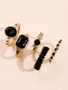 5pcs Set Fashionable Exquisite Luxury Versatile Casual Elegant Rhinestone Black Gemstone Gold Alloy Rings, Suitable For Girlfriend, Wedding Engagement - Multicolor - View 7