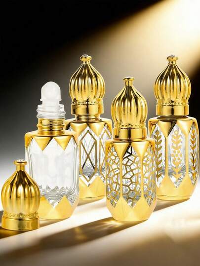 Arabic Style 4Pcs 6ml Gold Mini Refillable Essential Oil Roll On Bottles, Leak-Proof Portable Travel Perfume Glass Bottles, Decorative Aromatherapy Roller Sample Vials, Compact Cosmetic Container, Travel Essentials For Women, For Vacation Daily Use Gym On-The-Go, Premium DIY Beauty Tools, Ideal Birthday Gift For Mom Girlfriend