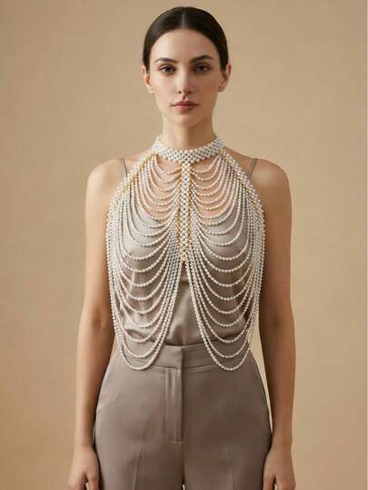 1pc Handmade Beaded Bridal Shoulder Chain, Shiny Heavy-Duty Body Chain, Suitable For Outfit Matching And Stage Performance