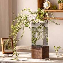 Vaso quadrado moderno com base (1 unidade) - Vaso minimalista, ideal para arranjos florais, decoração de mesa, decoração de ambientes e decoração de casa - Vaso em cor neutra, perfeito para casamentos, festas e salas de estar - Presente ideal. Vaso de vidro com base quadrada de madeira na cor cinza para decoração de arranjos florais na sala de estar. - 1PC - Ver 11