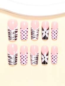 24片中号方形Y2K风格假指甲套装，包含黑白豹纹法式设计、米白色百合花图案、复古粉黑波点图案、黑色宽法式等多种款式，附赠1片胶贴和1个迷你指甲锉，随机发货 - 彩色 - 查看 2