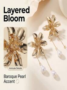 2只装时尚金属3D花朵耳环，配仿巴洛克珍珠吊坠，适合女性日常佩戴和节日礼物 - 立體花 - 查看 4